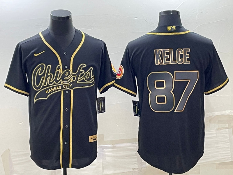 Men's Kansas City Chiefs #87 Travis Kelce Black Gold With Patch Cool Base Stitched Baseball Jersey